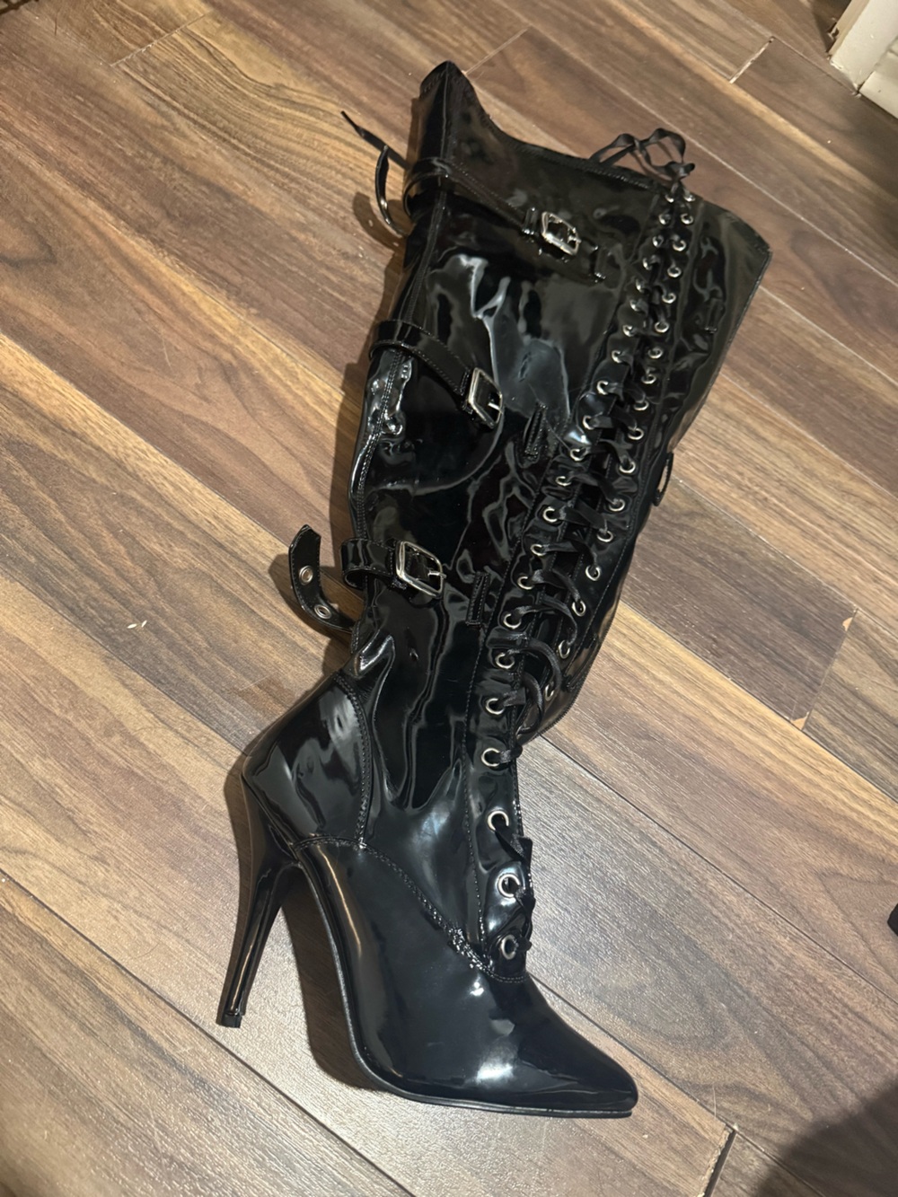 Pleaser Black Patent Lace-Up Stiletto Knee-High Boots with Buckles